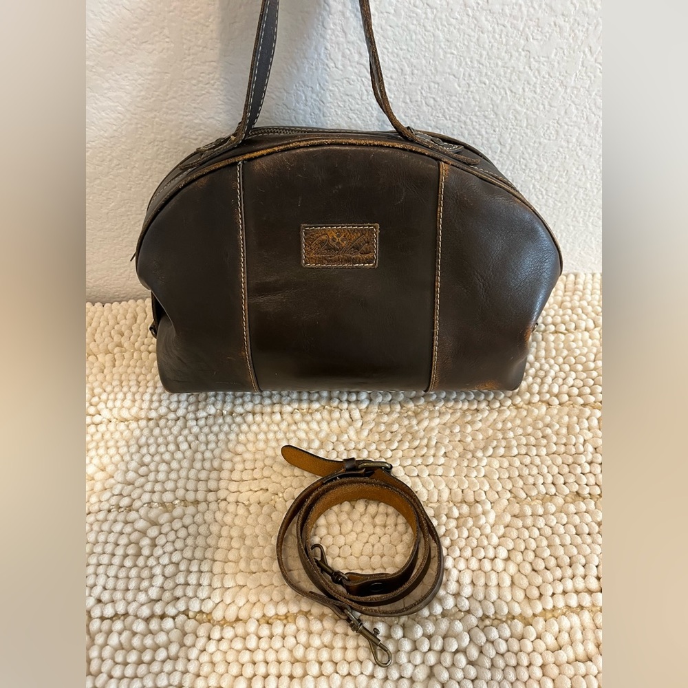 Patricia Nash Large Brown Leather Dome Satchel w/Crossbody Strap